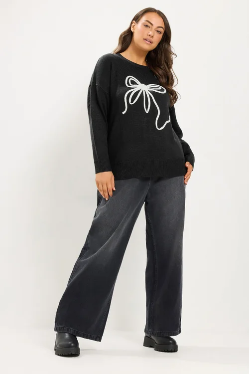 Yours Curve Black Bow Knit Jumper - 14-16 Image 2
