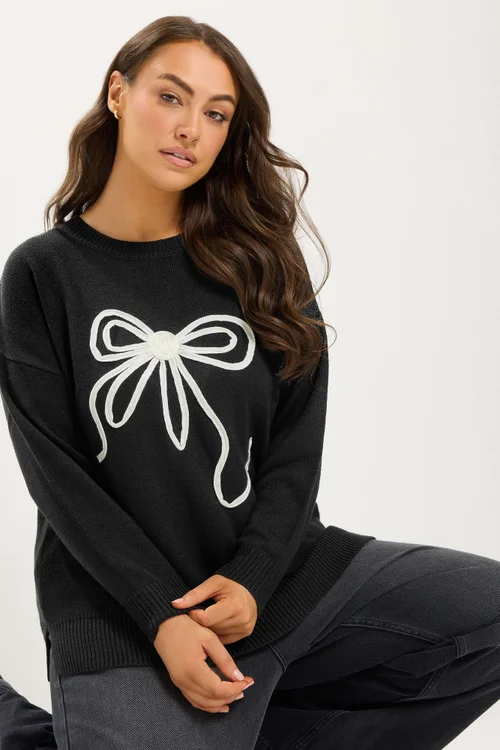 Yours Curve Black Bow Knit Jumper - 14-16 Image 1
