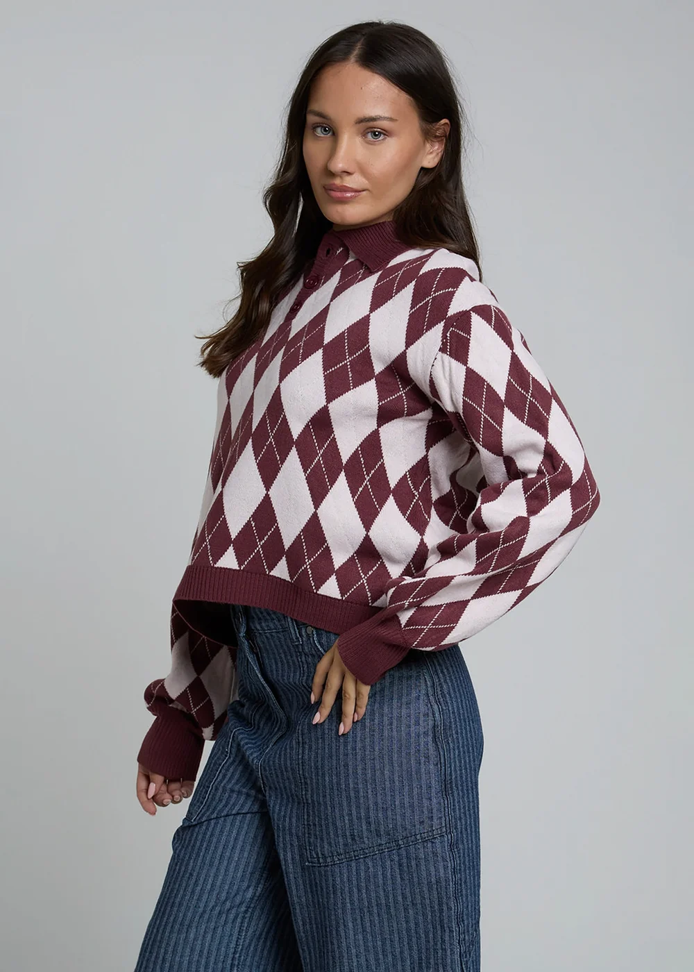 Wednesdays Girl Burgundy Arygle Print Polo-Style Long Sleeve Jumper - M Image 5