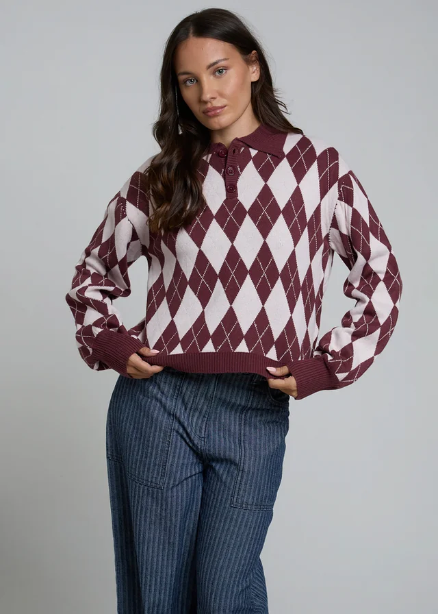 Wednesdays Girl Burgundy Arygle Print Polo-Style Long Sleeve Jumper