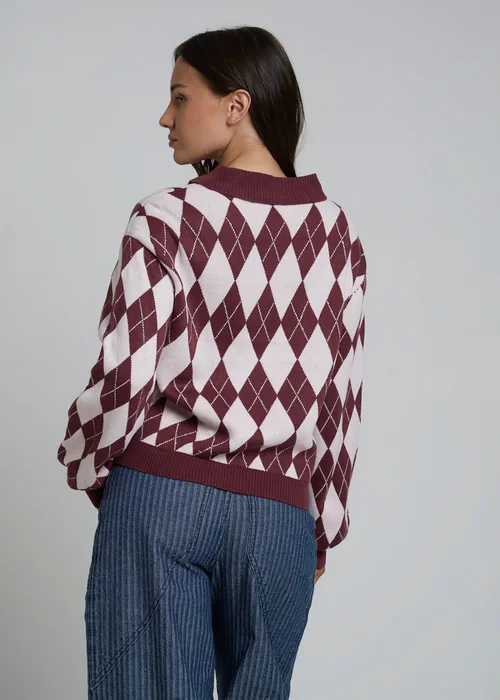 Wednesdays Girl Burgundy Arygle Print Polo-Style Long Sleeve Jumper - M Image 2