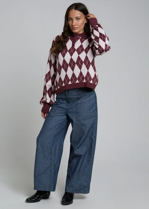 Wednesdays Girl Burgundy Arygle Print Polo-Style Long Sleeve Jumper - M Image 4