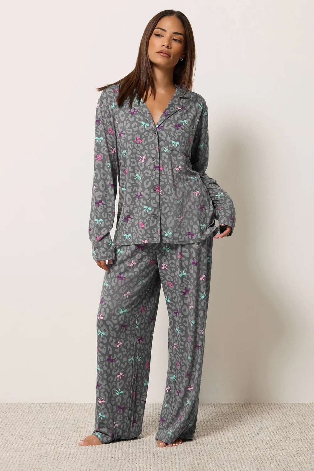 PixieGirl Petite Grey Bows Soft Touch Long Sleeve Pyjama Set - 6-8 Image 1