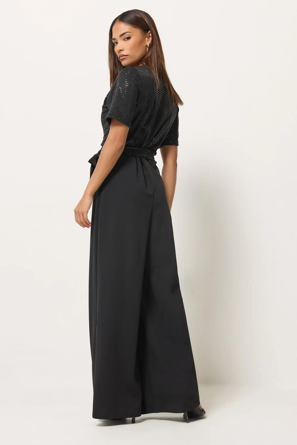 PixieGirl Petite Black Sequin Wrap Wide Leg Jumpsuit - 6 Image 3