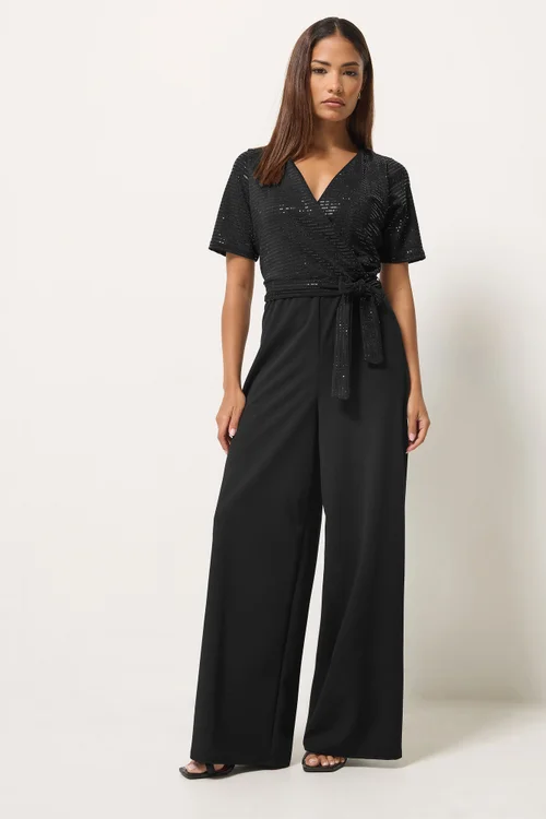 PixieGirl Petite Black Sequin Wrap Wide Leg Jumpsuit - 6 Image 2