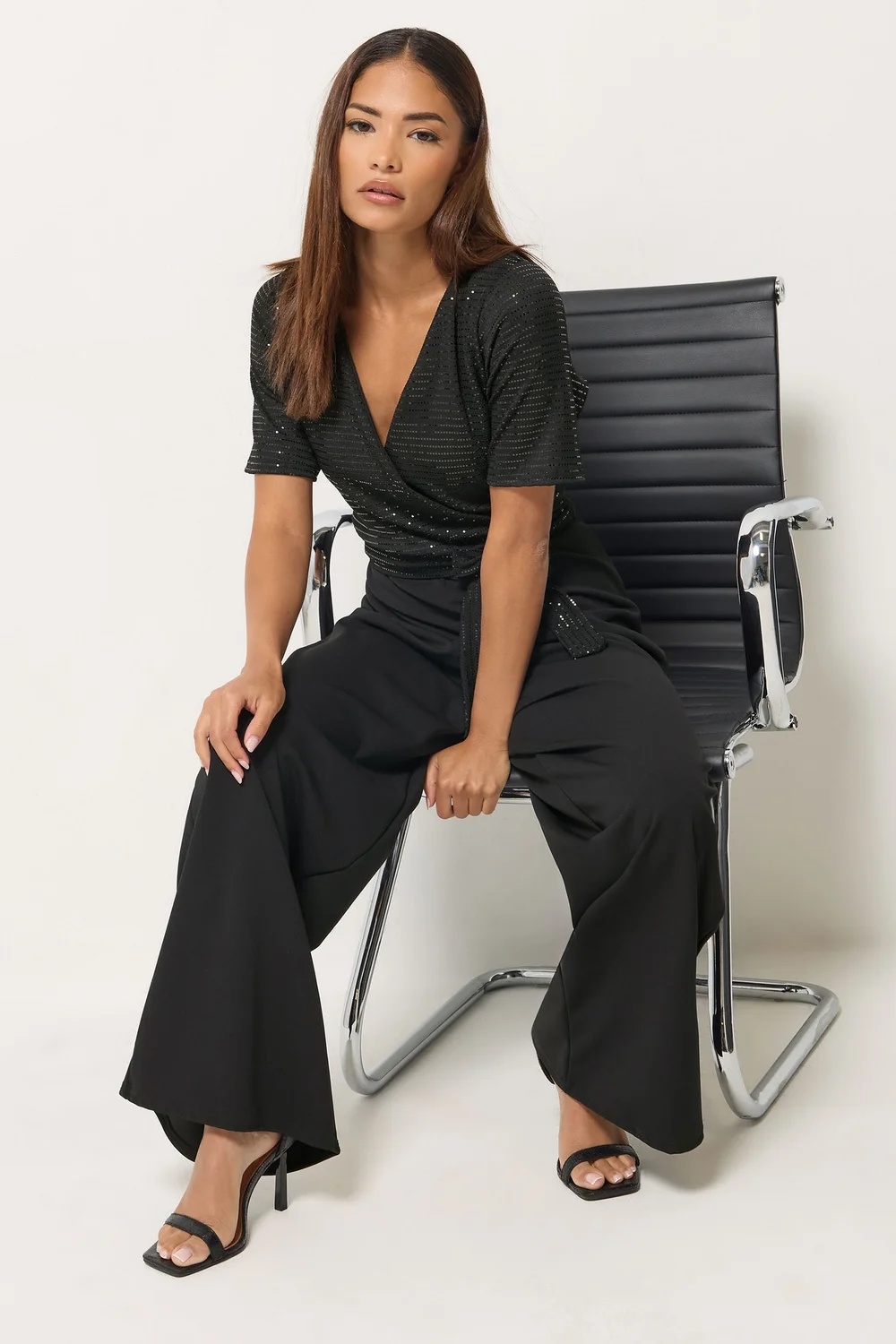 PixieGirl Petite Black Sequin Wrap Wide Leg Jumpsuit - 6 Image 1