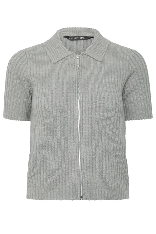 PixieGirl Petite Grey Short Sleeve Knitted Zip Cardigan - 10-12 Image 5