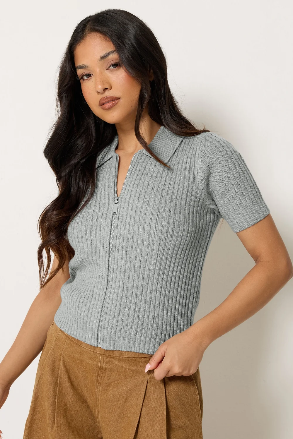 PixieGirl Petite Grey Short Sleeve Knitted Zip Cardigan - 10-12 Image 1