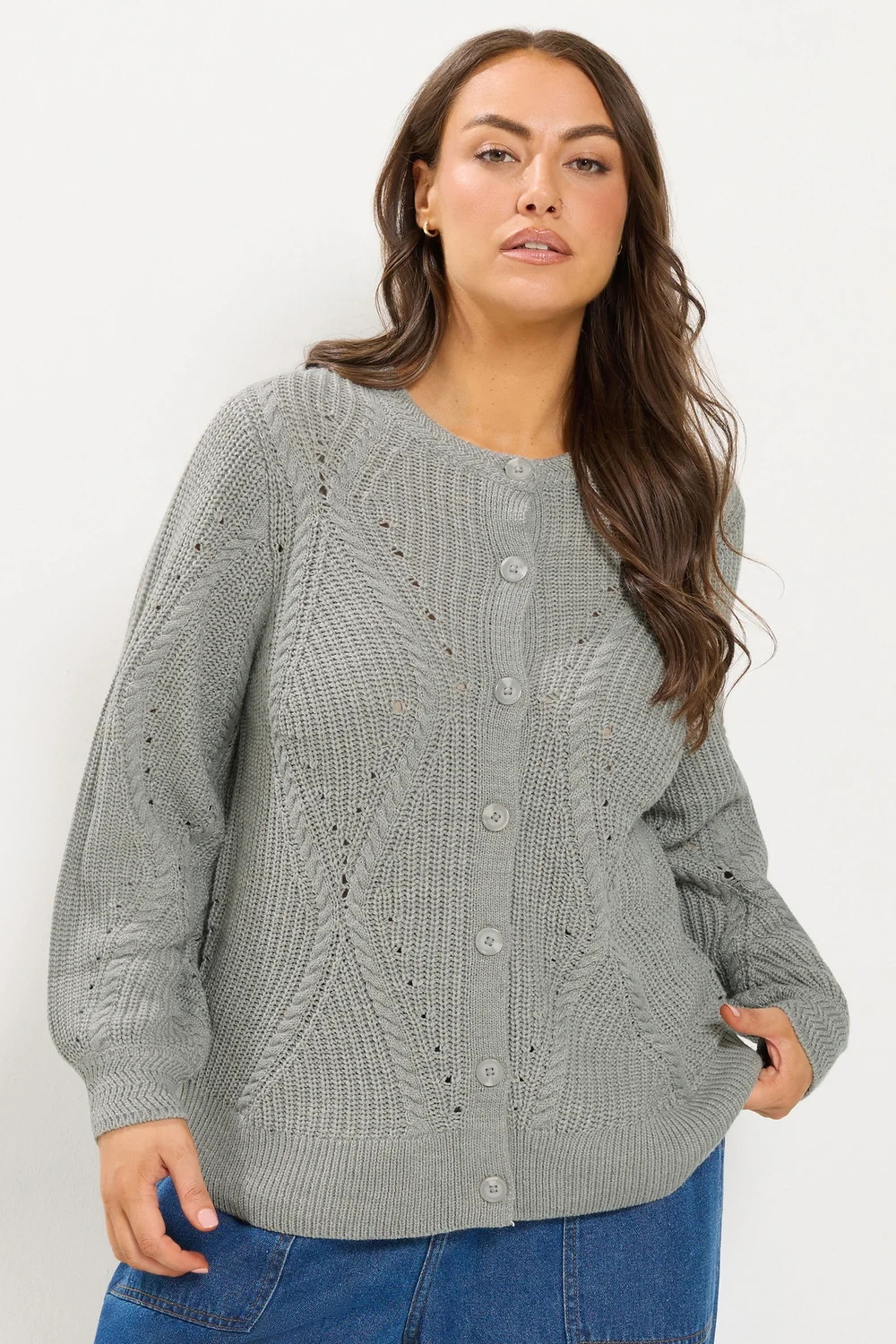 Yours Curve Grey Pointelle Knit Cardigan - 14-16 Image 1