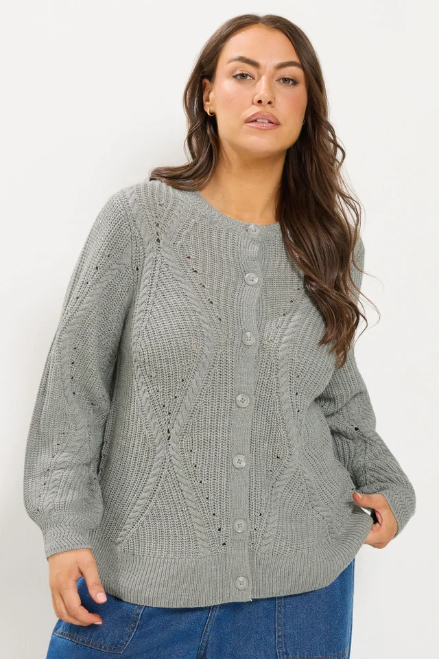 Yours Curve Grey Pointelle Knit Cardigan