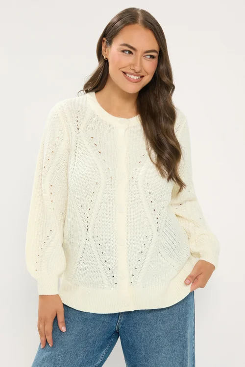 Yours Curve Ivory White Pointelle Knit Cardigan - 14-16 Image 1