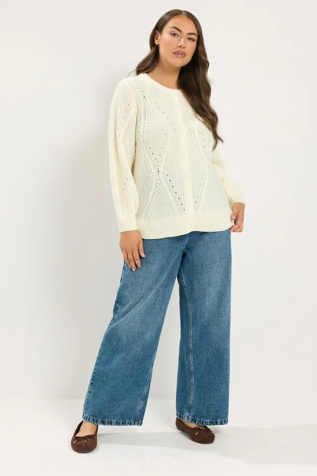 Yours Curve Ivory White Pointelle Knit Cardigan
