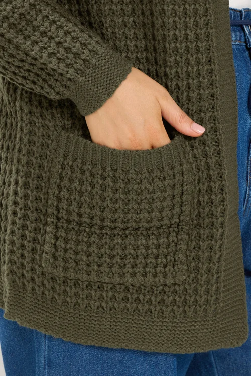 Yours Curve Olive Green Waffle Knit Cardigan - 22-24 Image 4