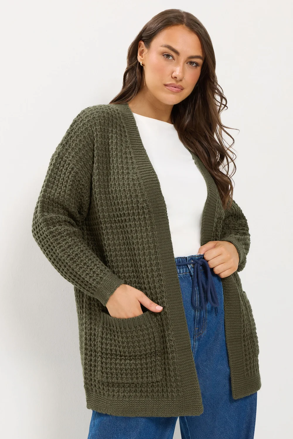 Yours Curve Olive Green Waffle Knit Cardigan - 22-24 Image 1
