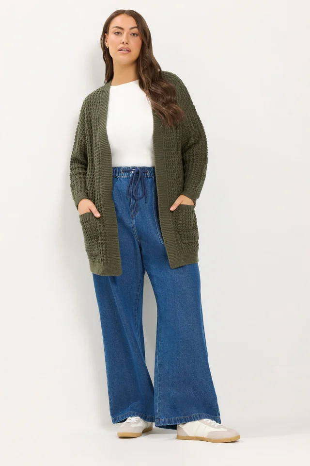Yours Curve Olive Green Waffle Knit Cardigan