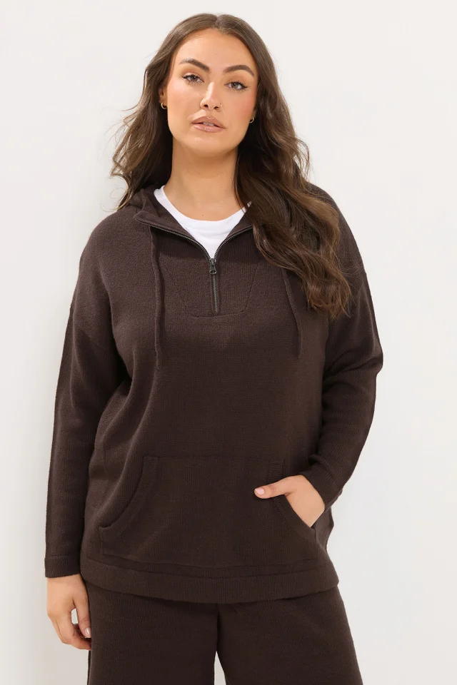 Yours Curve Chocolate Brown Knitted Hoodie