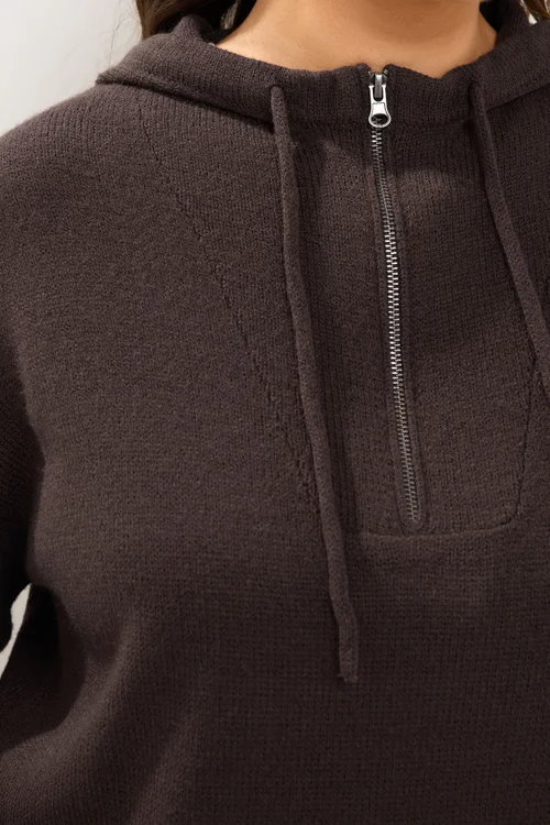 Yours Curve Chocolate Brown Knitted Hoodie - 14-16 Image 4