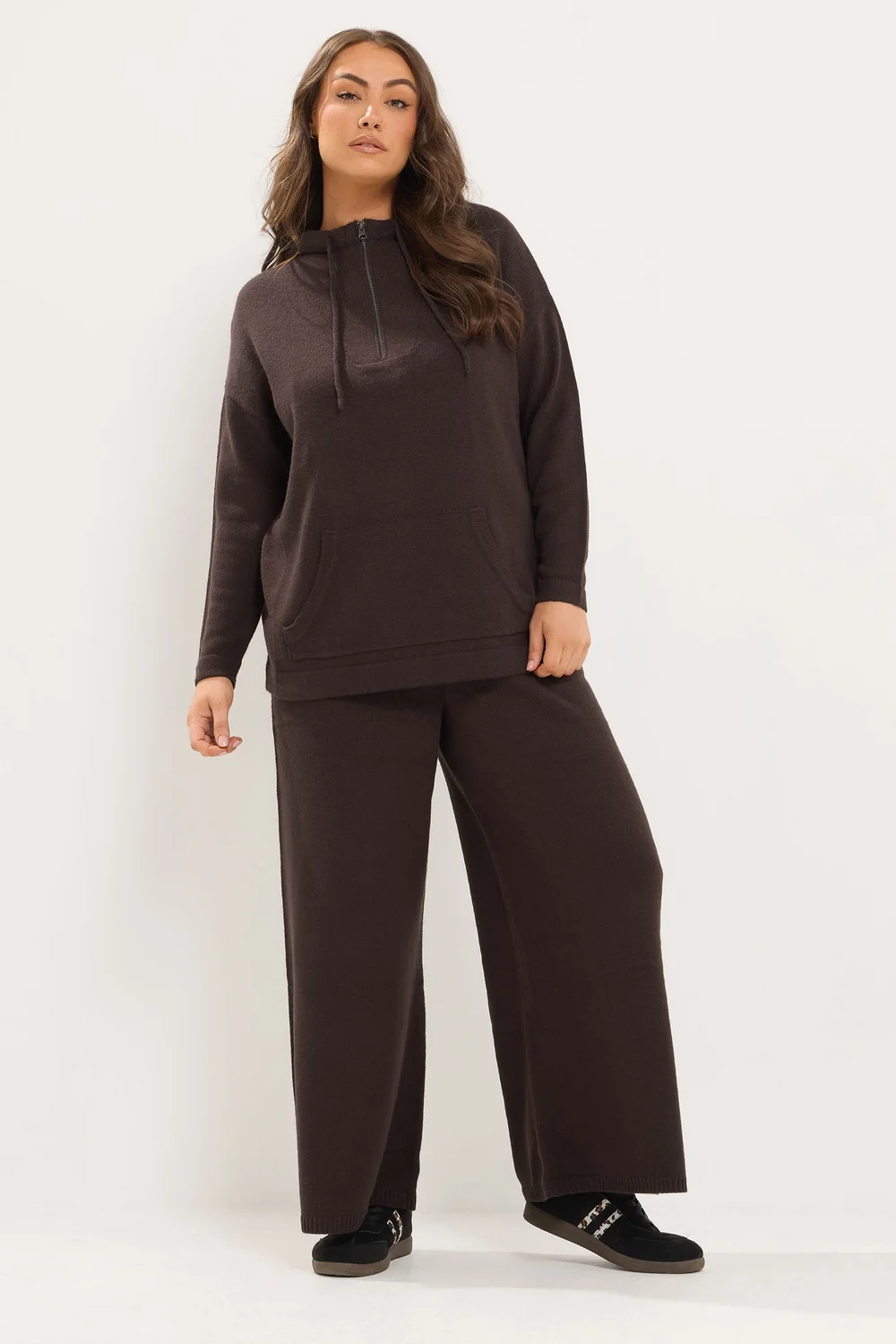 Yours Curve Chocolate Brown Knitted Hoodie - 14-16 Image 2