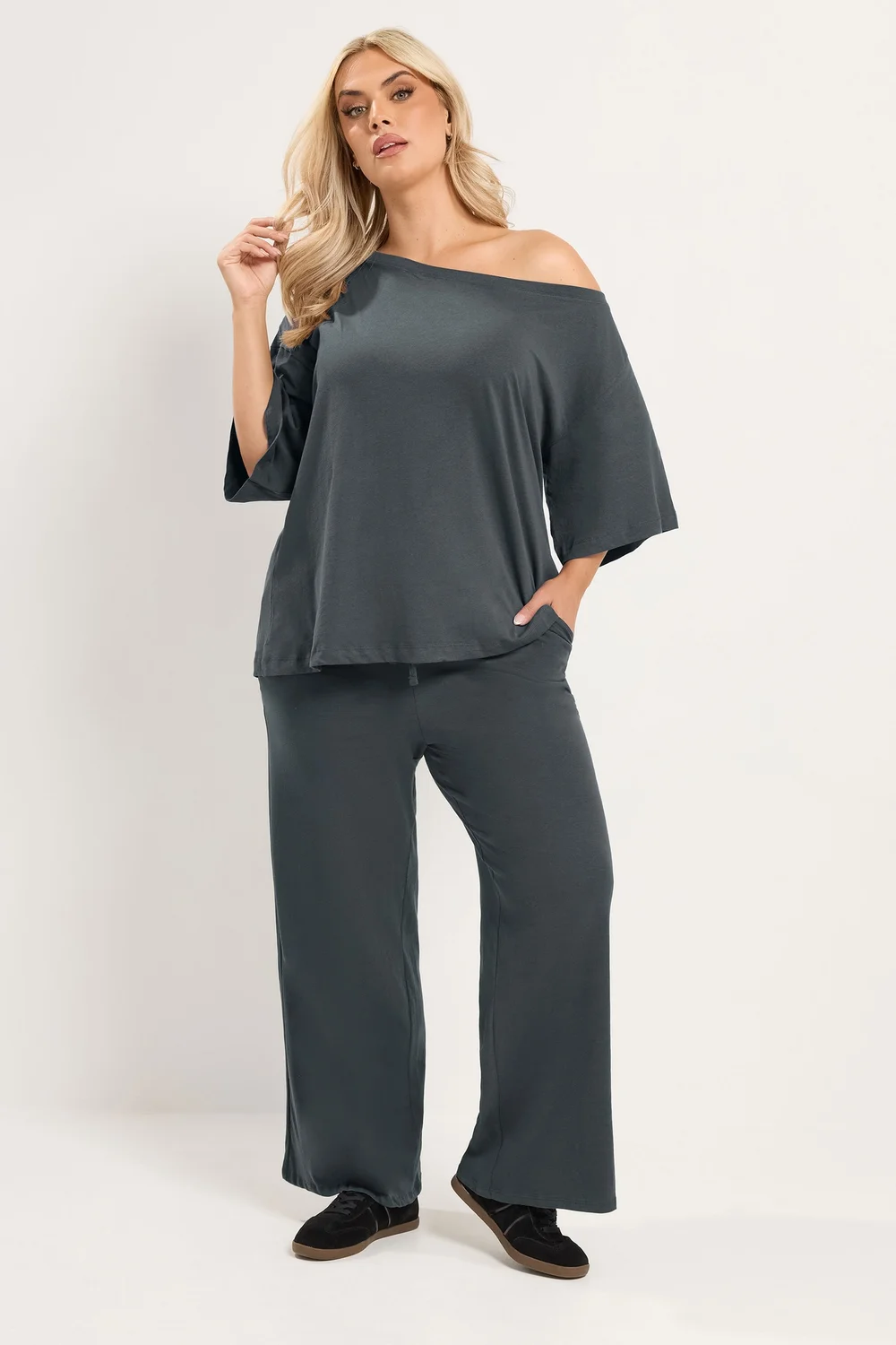 Yours Curve Grey Off Shoulder T-Shirt & Trouser Set - 18 Image 2