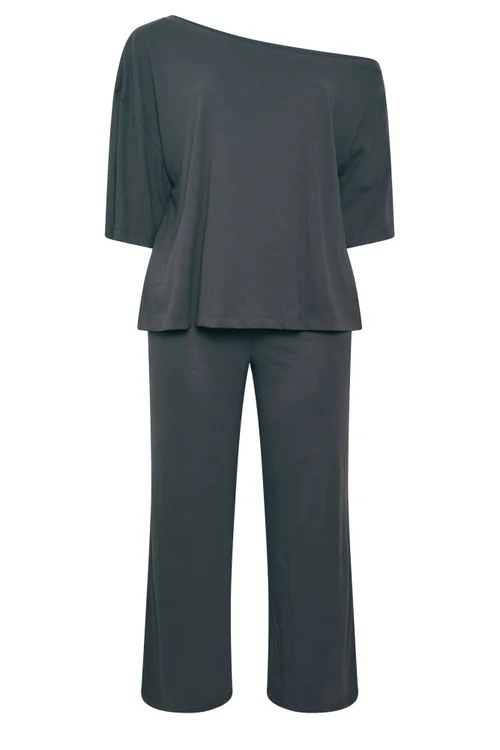Yours Curve Grey Off Shoulder T-Shirt & Trouser Set - 18 Image 5