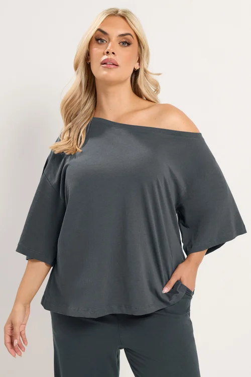Yours Curve Grey Off Shoulder T-Shirt & Trouser Set - 18 Image 1