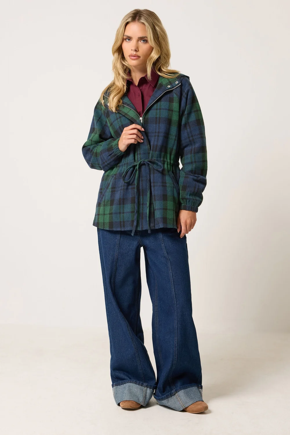 PixieGirl Petite Navy Blue Check Hooded Parka Coat - 6 Image 2