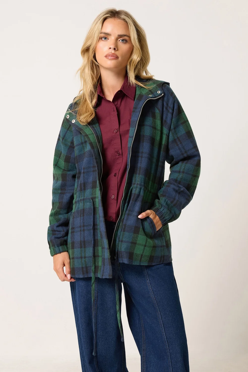 PixieGirl Petite Navy Blue Check Hooded Parka Coat - 6 Image 1