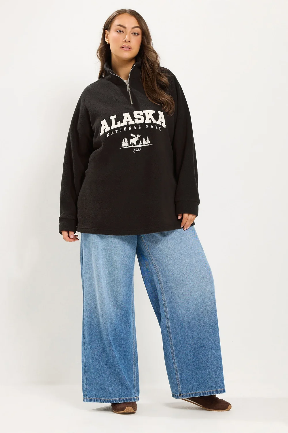 Yours Curve Brown 'Alaska' Slogan Half Zip Fleece - 22-24 Image 2