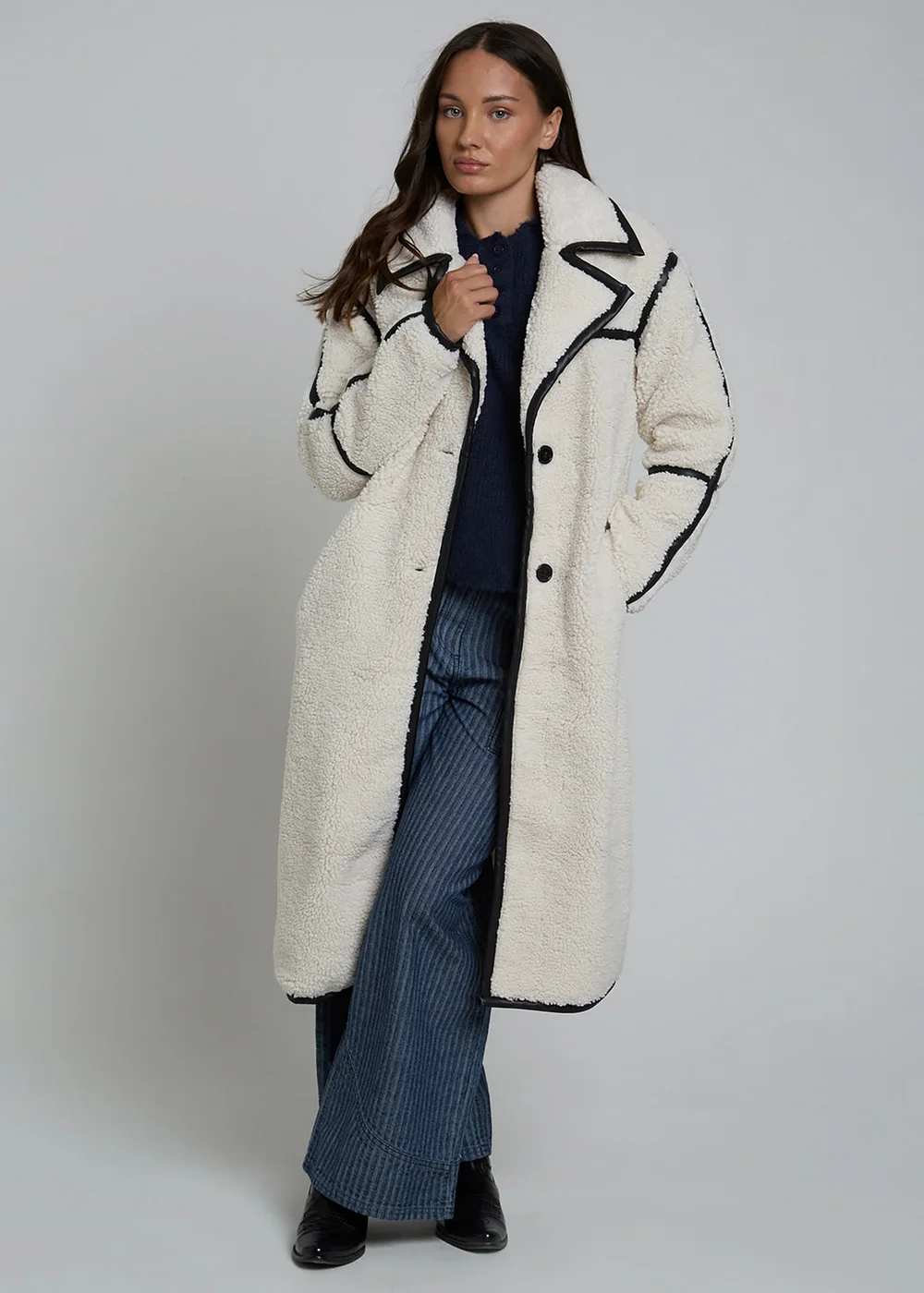 Wednesdays Girl Cream Longline Fluffy Borg Oversized Collar Midi Coat - S Image 4