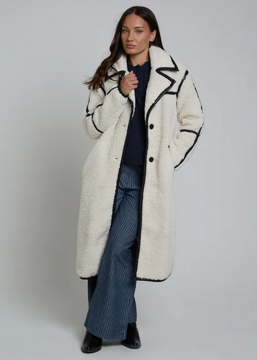 Wednesdays Girl Cream Longline Fluffy Borg Oversized Collar Midi Coat - S Image 4