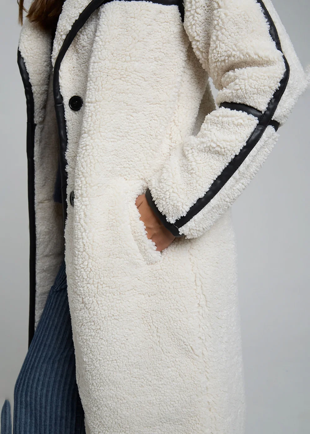 Wednesdays Girl Cream Longline Fluffy Borg Oversized Collar Midi Coat - S Image 3