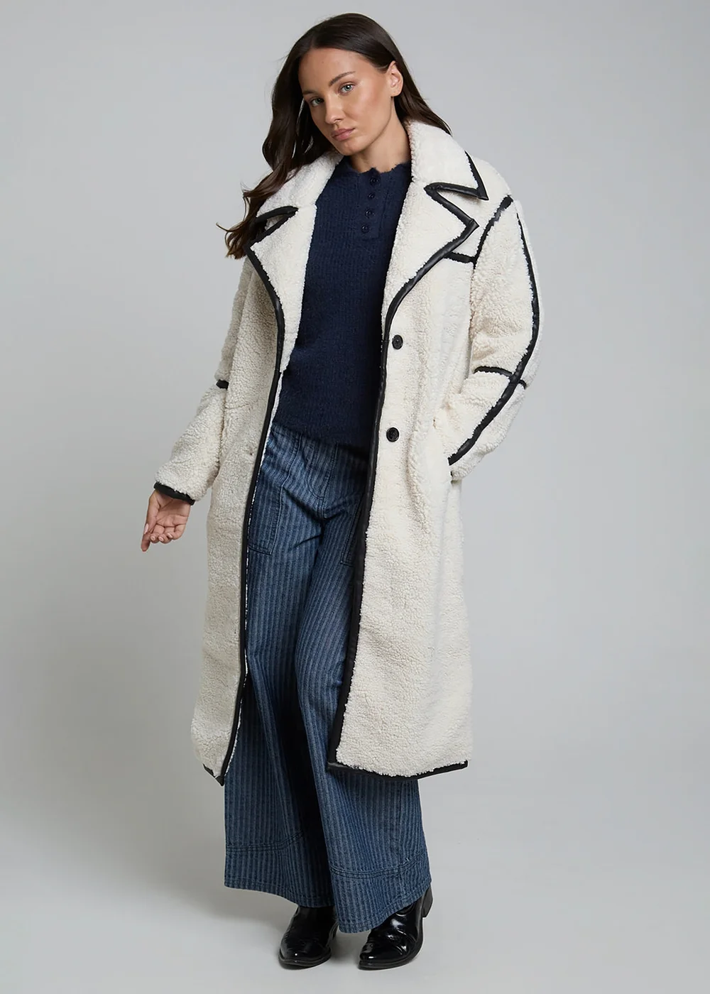 Wednesdays Girl Cream Longline Fluffy Borg Oversized Collar Midi Coat - S Image 1