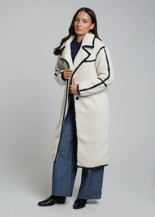 Wednesdays Girl Cream Longline Fluffy Borg Oversized Collar Midi Coat - S Image 5