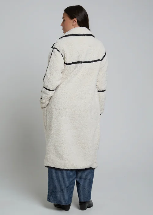 Wednesdays Girl Cream Longline Fluffy Borg Oversized Collar Midi Coat - S Image 2