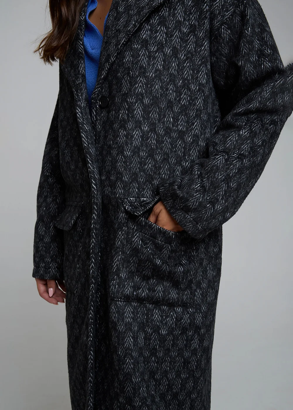 Wednesdays Girl Grey Textured Oversized Longline Button Coat - S Image 3