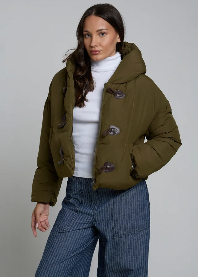 Wednesdays Girl Olive Toggle Detail Cropped Hooded Puffer Jacket