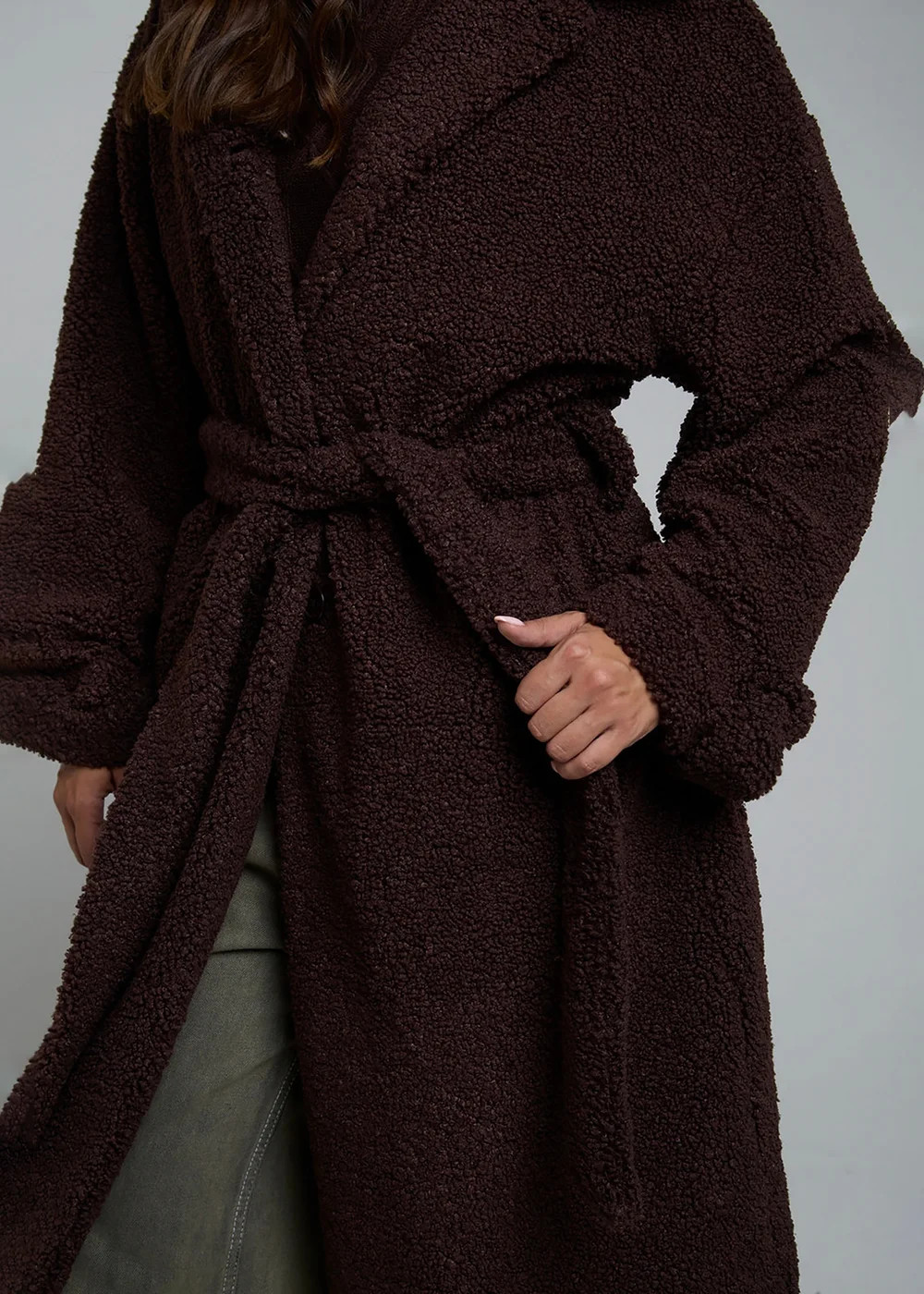Wednesdays Girl Brown Belted Fluffy Borg Robe-Inspired Oversized Collar Midi Coat - M Image 3
