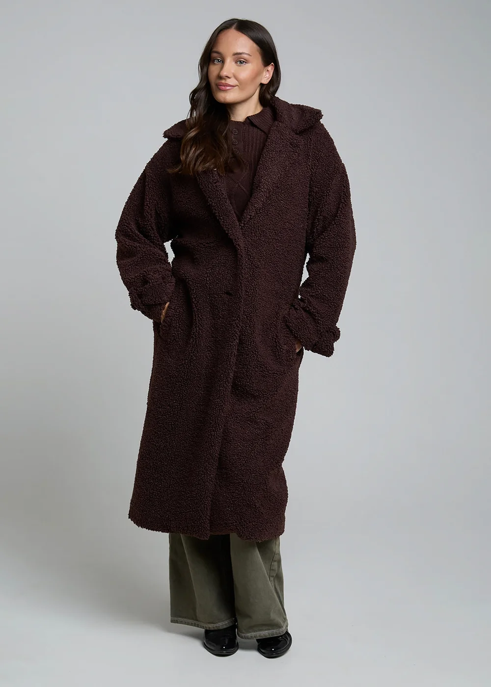 Wednesdays Girl Brown Belted Fluffy Borg Robe-Inspired Oversized Collar Midi Coat - M Image 1