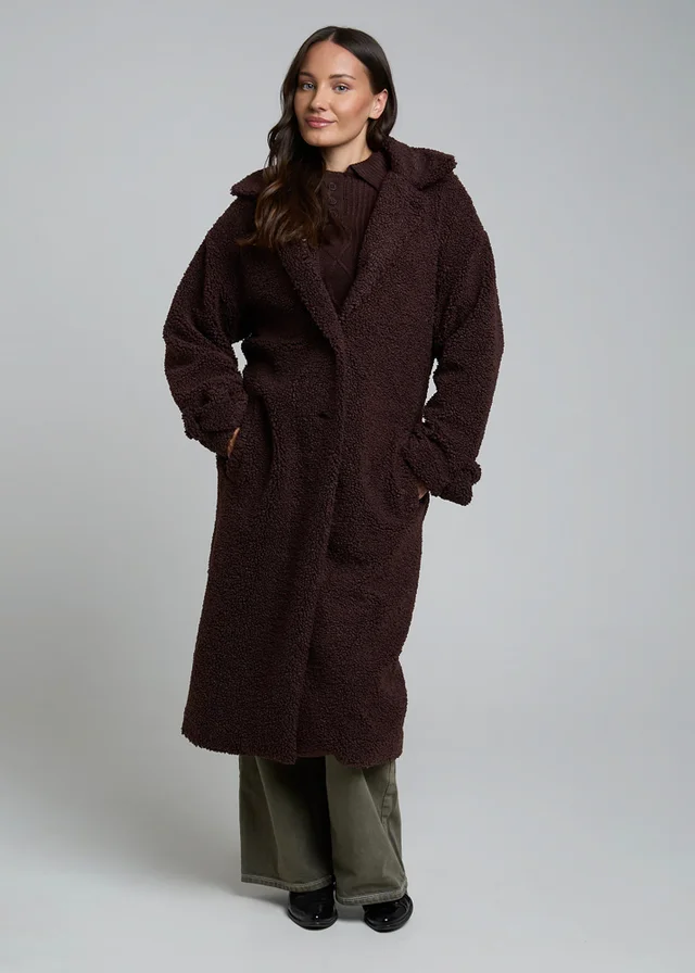 Wednesdays Girl Brown Belted Fluffy Borg Robe-Inspired Oversized Collar Midi Coat