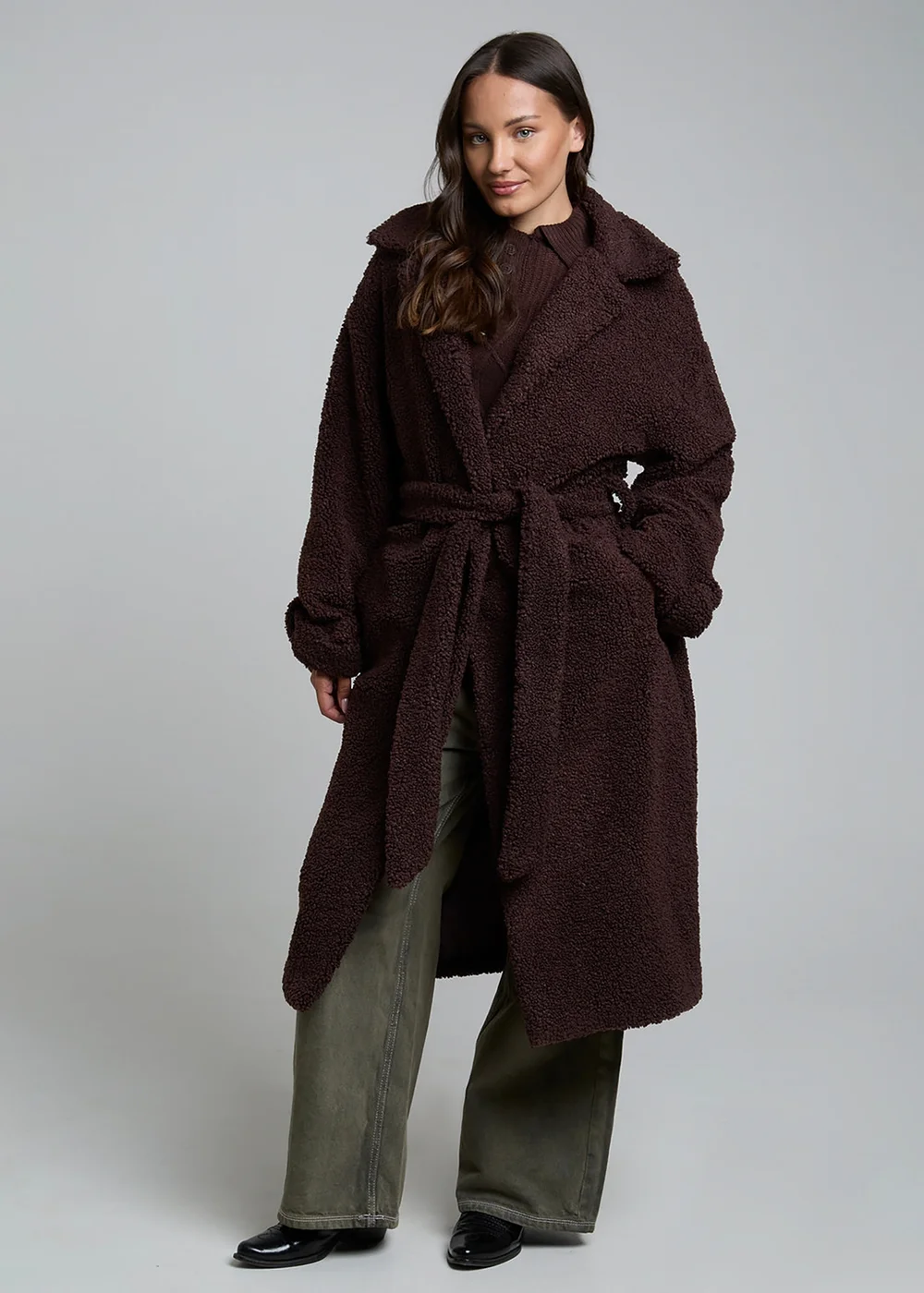 Wednesdays Girl Brown Belted Fluffy Borg Robe-Inspired Oversized Collar Midi Coat - M Image 4