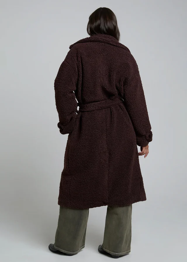 Wednesdays Girl Brown Belted Fluffy Borg Robe-Inspired Oversized Collar Midi Coat