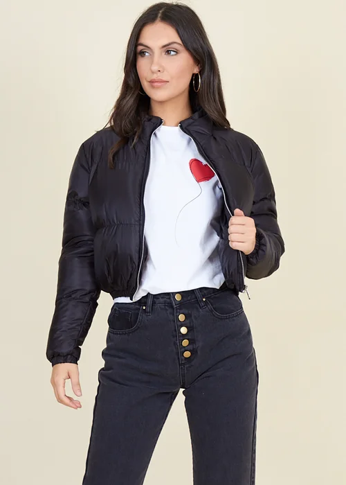 Wednesdays Girl Black Cropped Zip Funnel Neck Puffer Jacket - L Image 3