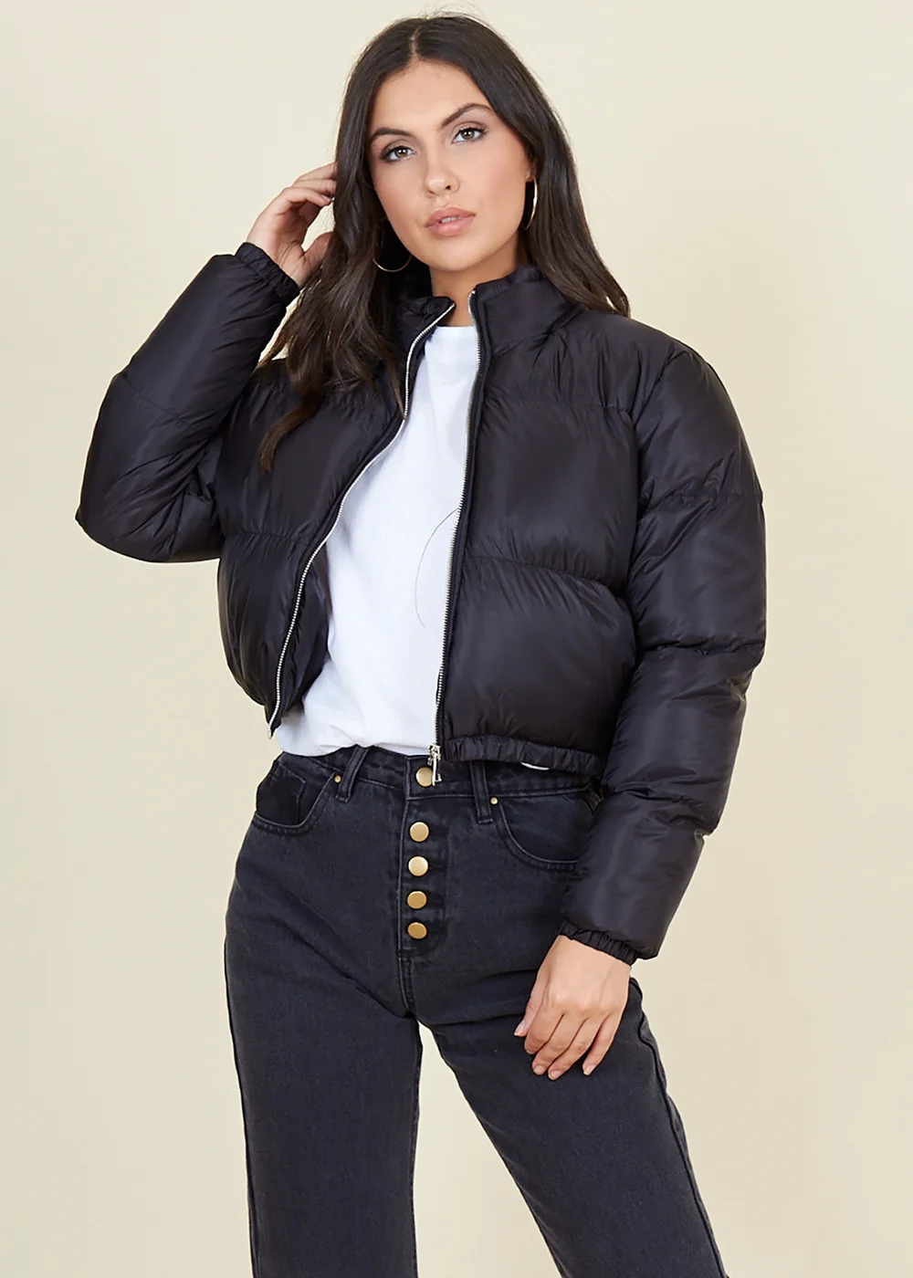 Wednesdays Girl Black Cropped Zip Funnel Neck Puffer Jacket - L Image 1