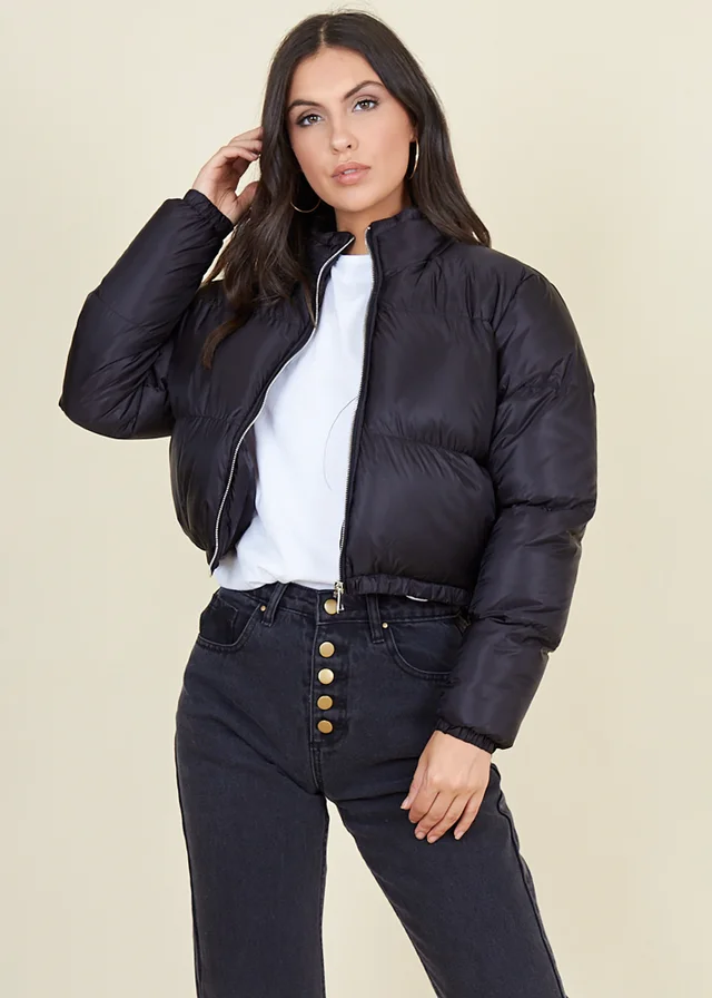Wednesdays Girl Black Cropped Zip Funnel Neck Puffer Jacket