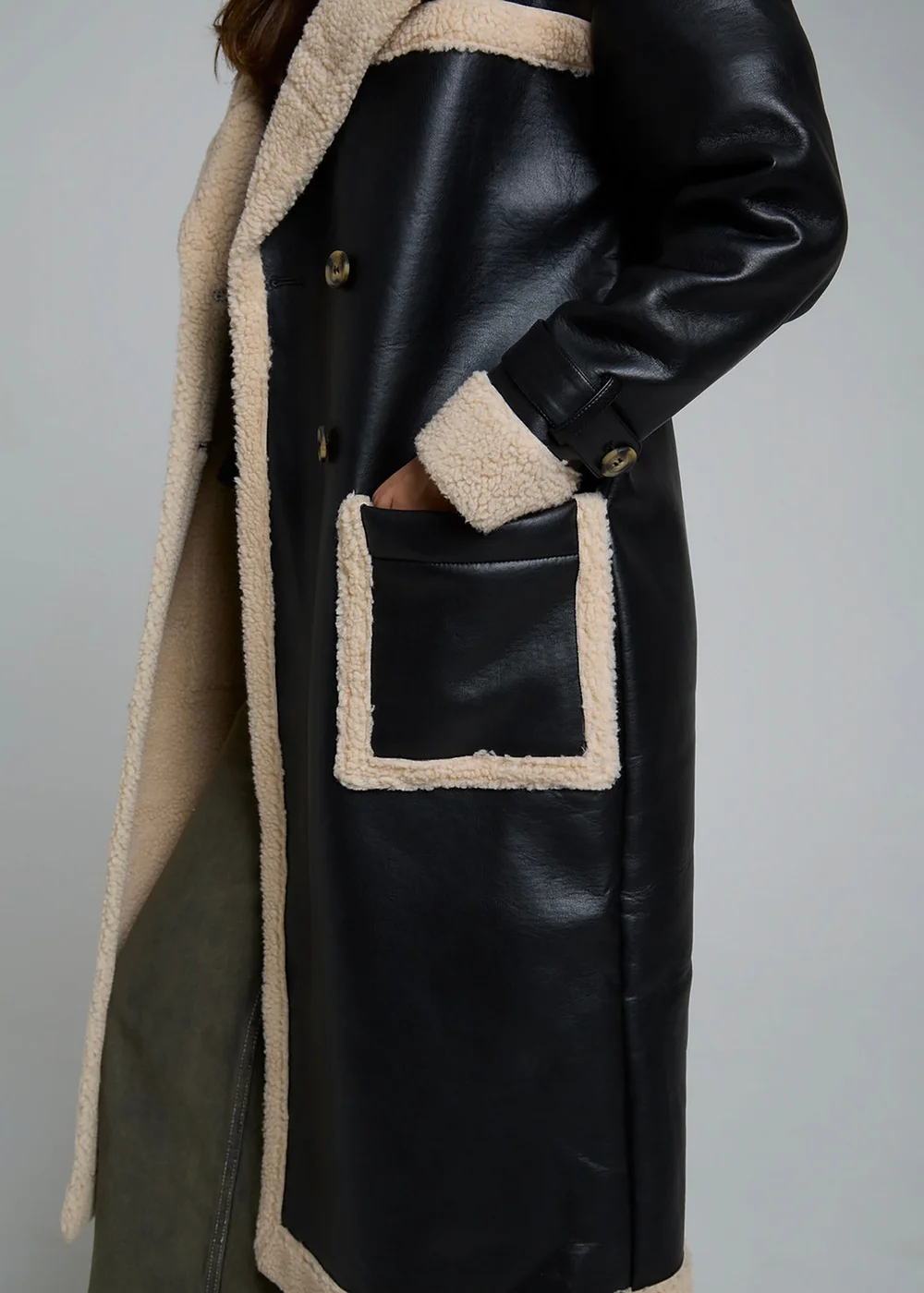 Wednesdays Girl Black Leather Look Faux Shearling Longline Lined Coat - L Image 3