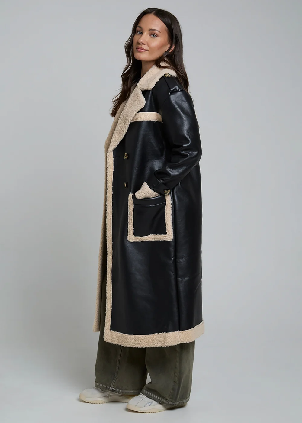 Wednesdays Girl Black Leather Look Faux Shearling Longline Lined Coat - L Image 5