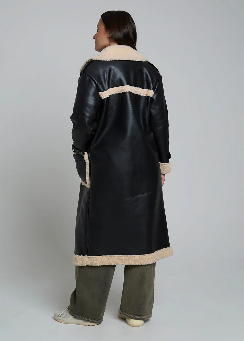 Wednesdays Girl Black Leather Look Faux Shearling Longline Lined Coat - L Image 2
