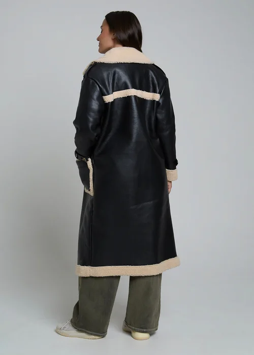 Wednesdays Girl Black Leather Look Faux Shearling Longline Lined Coat - L Image 2