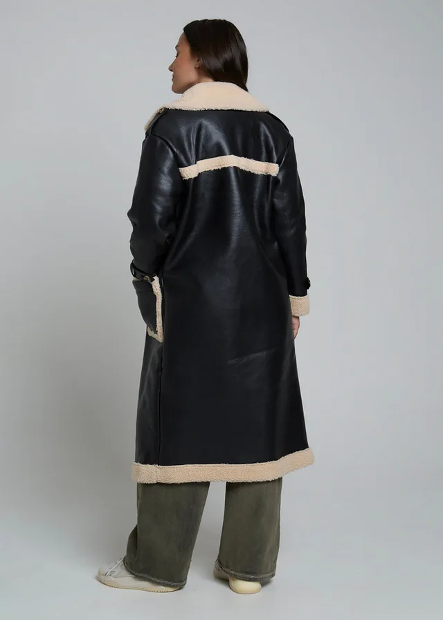 Wednesdays Girl Black Leather Look Faux Shearling Longline Lined Coat