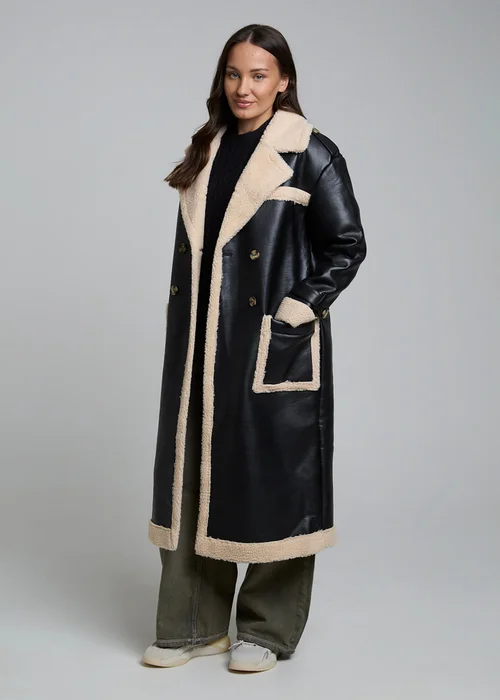 Wednesdays Girl Black Leather Look Faux Shearling Longline Lined Coat - L Image 1